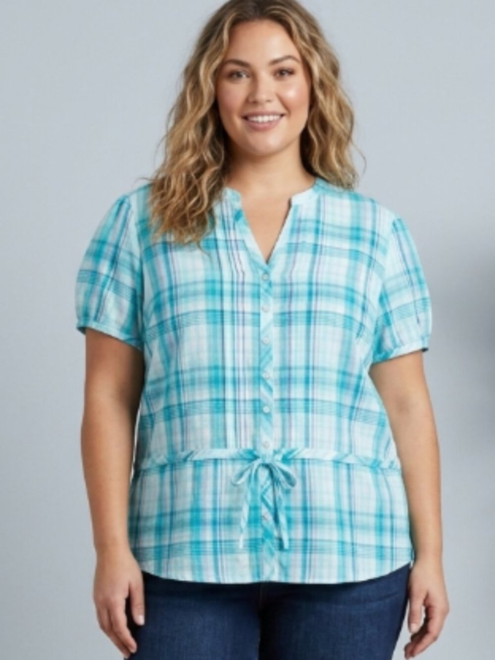NWT Fashion Bug Button Down 4X Women's Blue Plaid Short Sleeve Adjustable Tie
